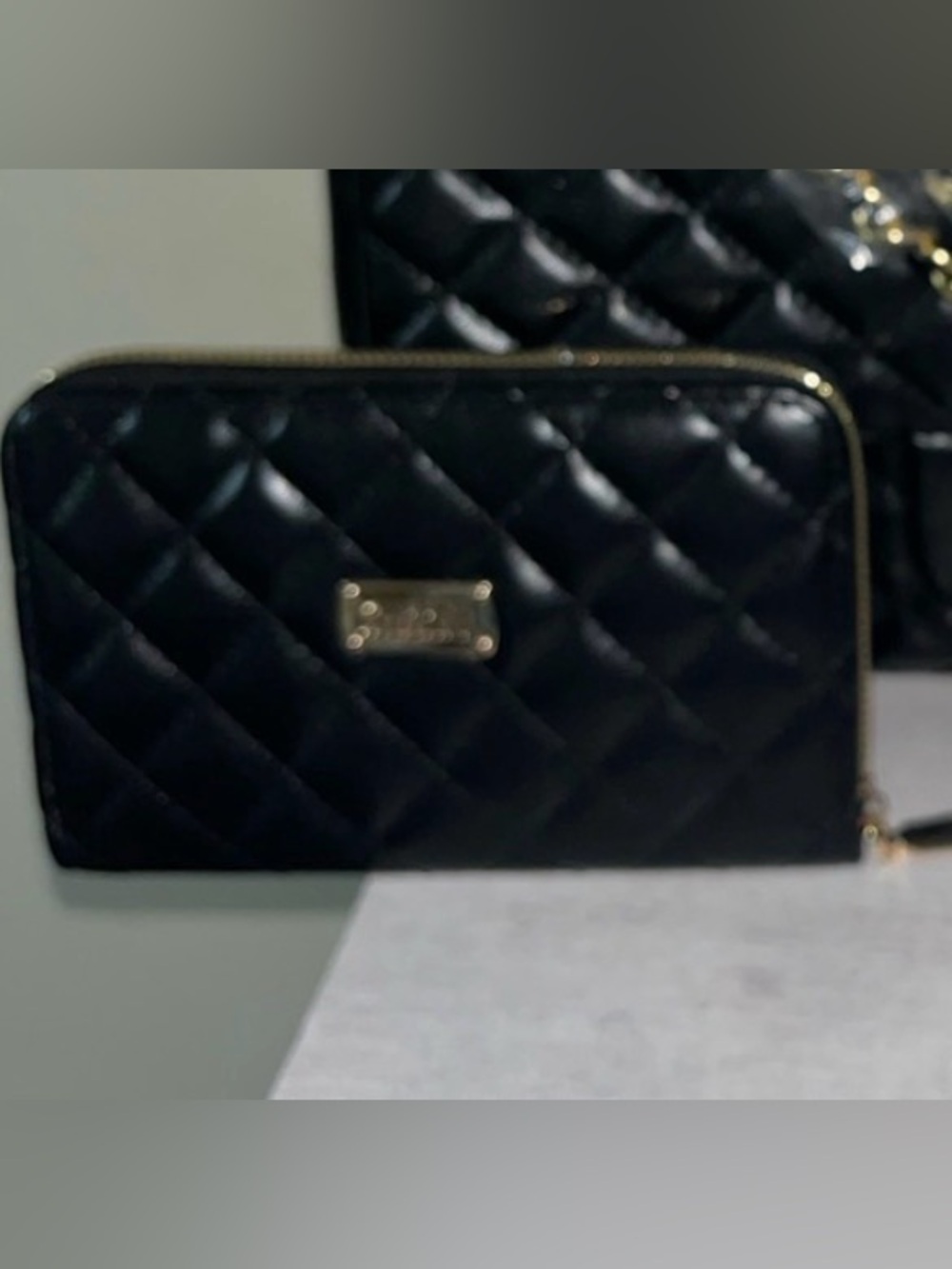 Fashion CC Black Quilted Zip-Around Wallet with Gold Accents